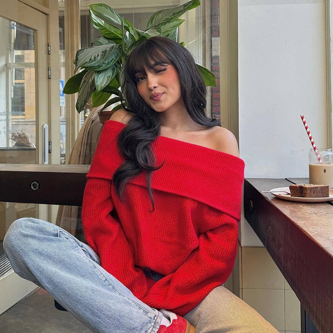 Elegant women's off-shoulder sweater with a relaxed fit. Cozy long sleeve knitwear for chic autumn & winter fashion.