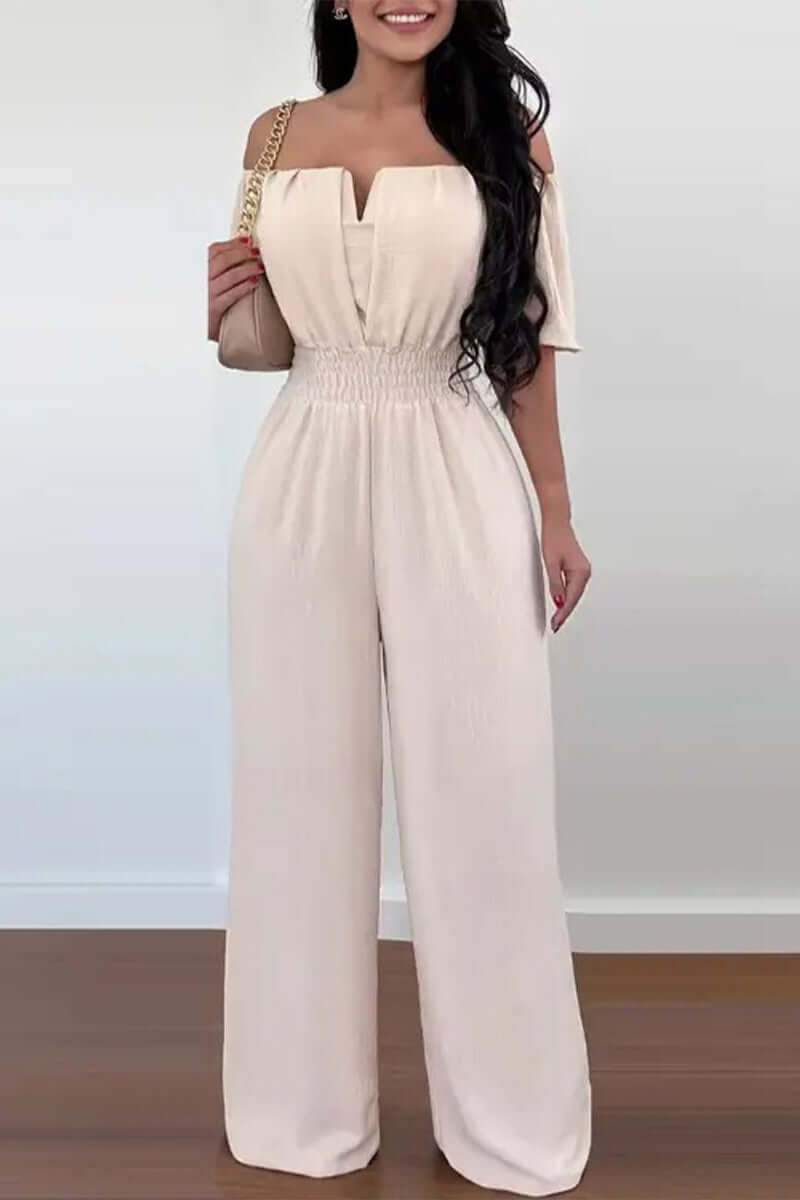 Chic women's off-shoulder short sleeve jumpsuit, perfect for summer casual or elegant occasion wear.