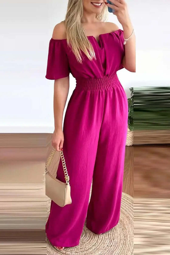 Elegant women's one-piece off-shoulder jumpsuit with short sleeves, a chic choice for ladies' summer fashion.