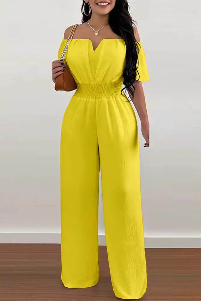 Stylish women's off-shoulder short sleeve jumpsuit, a comfy & chic one-piece for summer & casual wear.