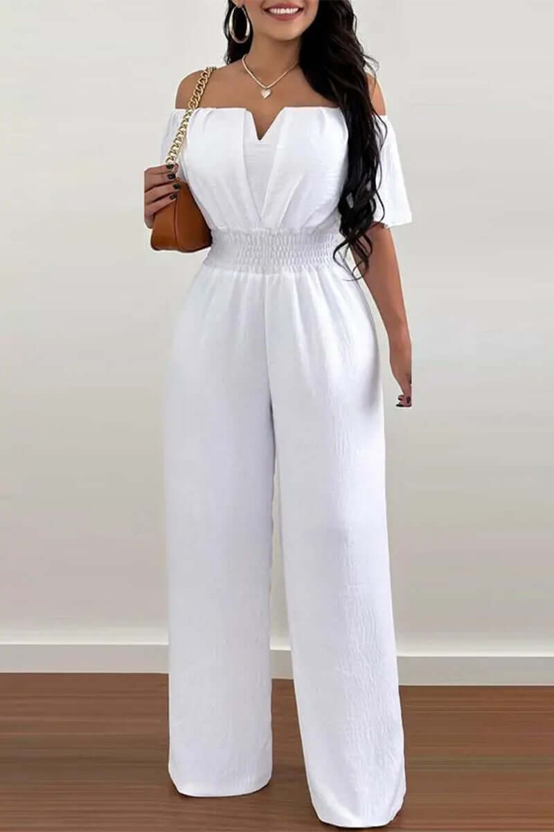 Ladies' off-shoulder short sleeve jumpsuit, a modern & elegant one-piece perfect for versatile summer fashion.