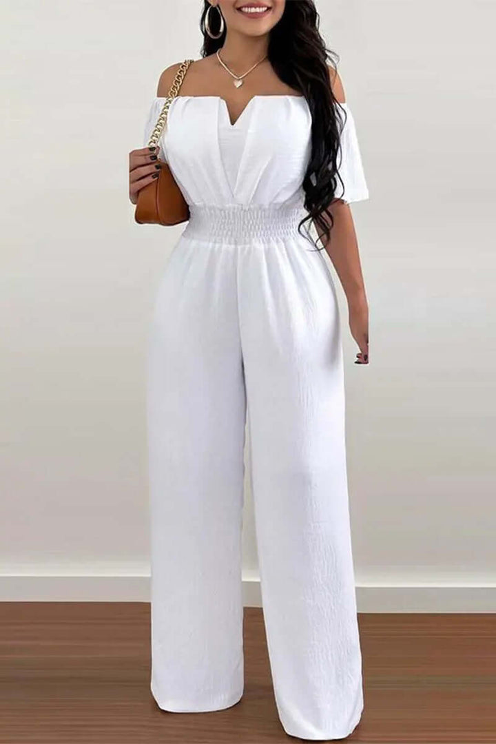 Ladies' off-shoulder short sleeve jumpsuit, a modern & elegant one-piece perfect for versatile summer fashion.