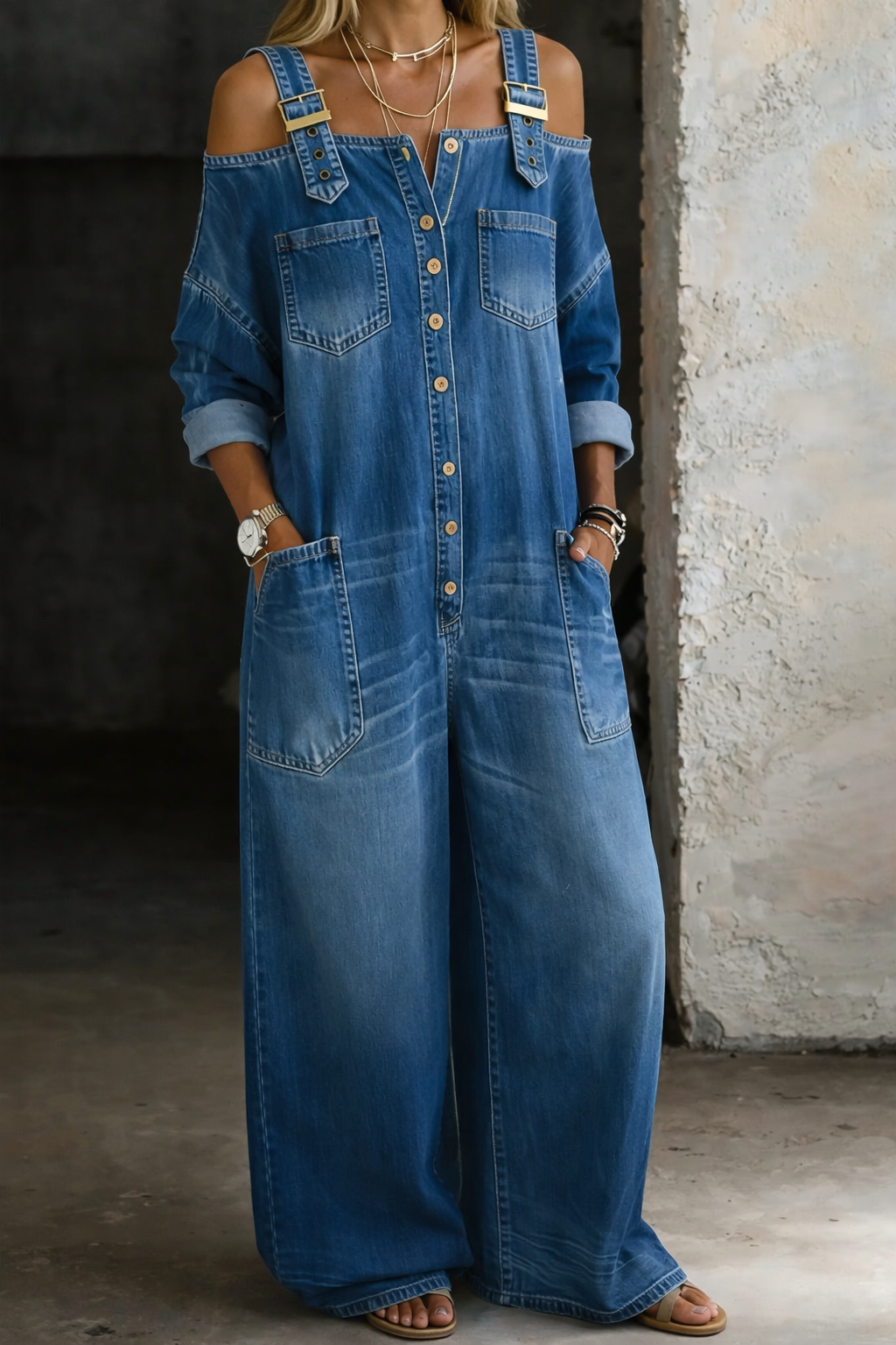 Chic women's off-shoulder wide-leg jumpsuit with button detail & pockets. Perfect for summer casual wear.