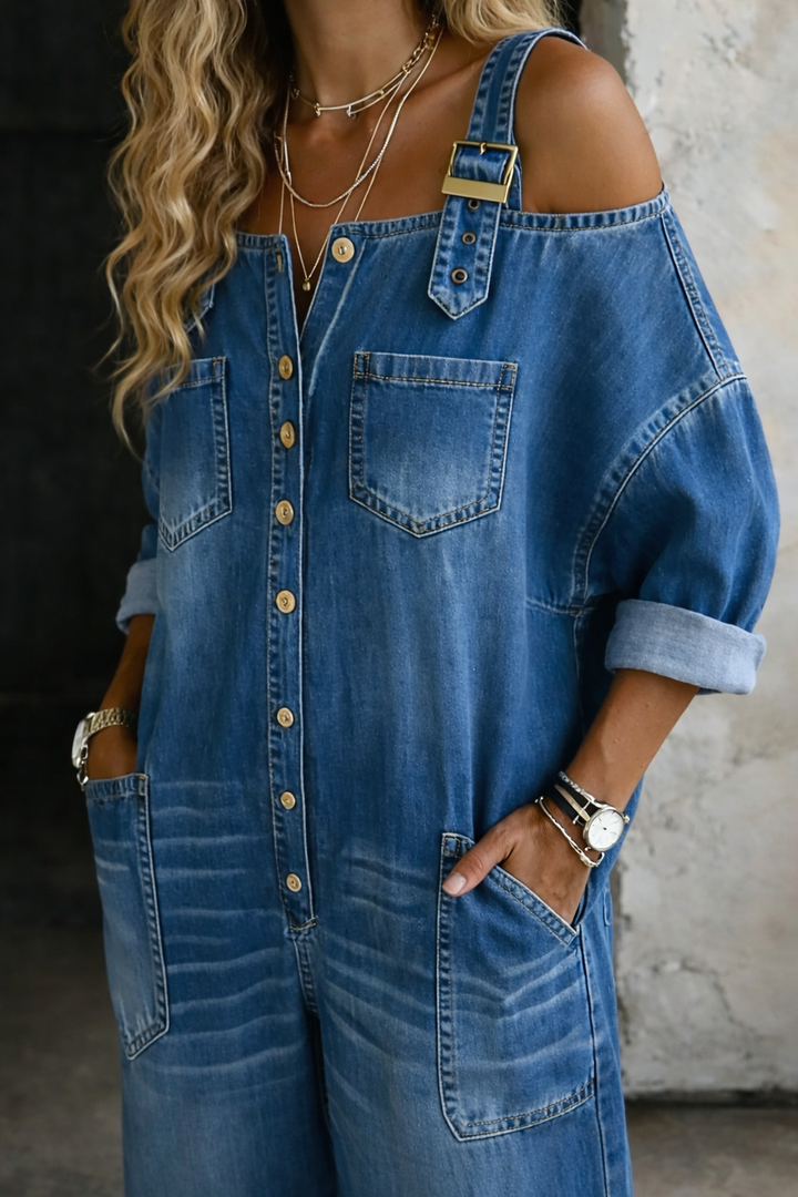Versatile women's off-shoulder wide-leg jumpsuit. Comfortable, with chic button detail & practical pockets.
