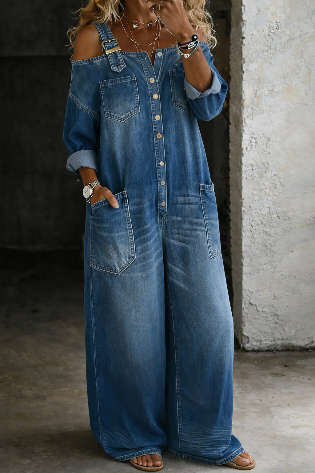 Women's comfortable off-shoulder wide-leg jumpsuit. Sleeveless design, button accents & functional pockets.
