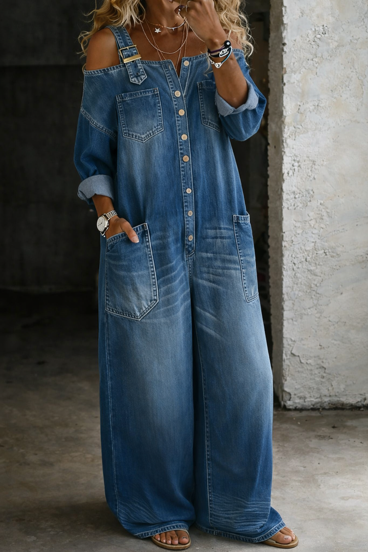 Women's comfortable off-shoulder wide-leg jumpsuit. Sleeveless design, button accents & functional pockets.