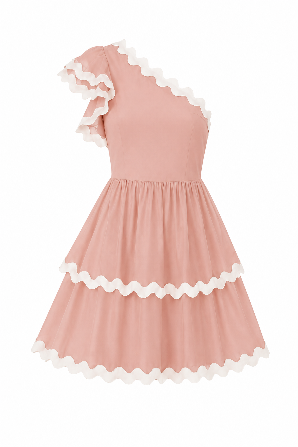 Chic women's one-shoulder tiered mini sundress, perfect for summer casual wear or daytime outings.