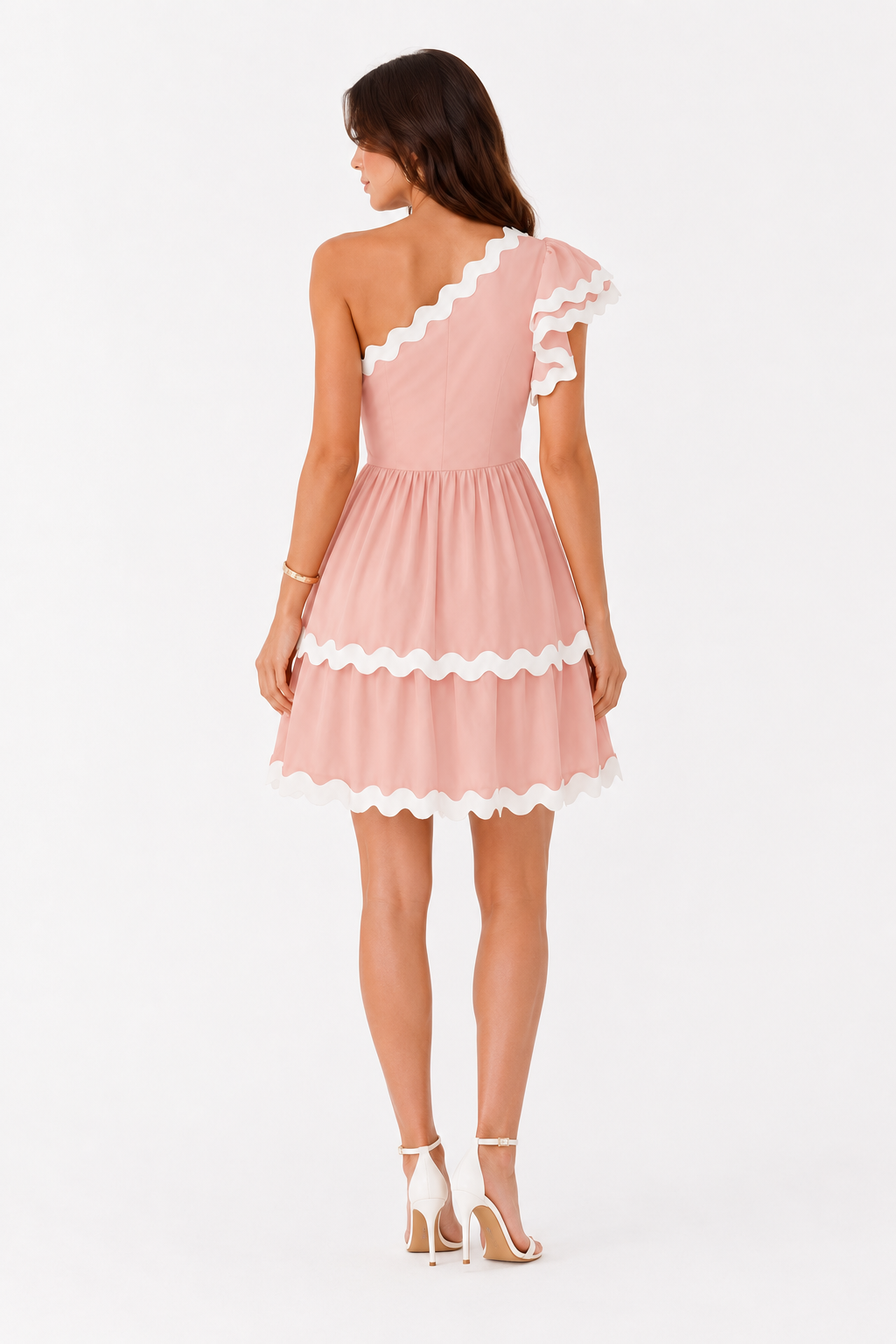 Stylish women's tiered mini dress with a unique one-shoulder design, perfect as a chic summer sundress.