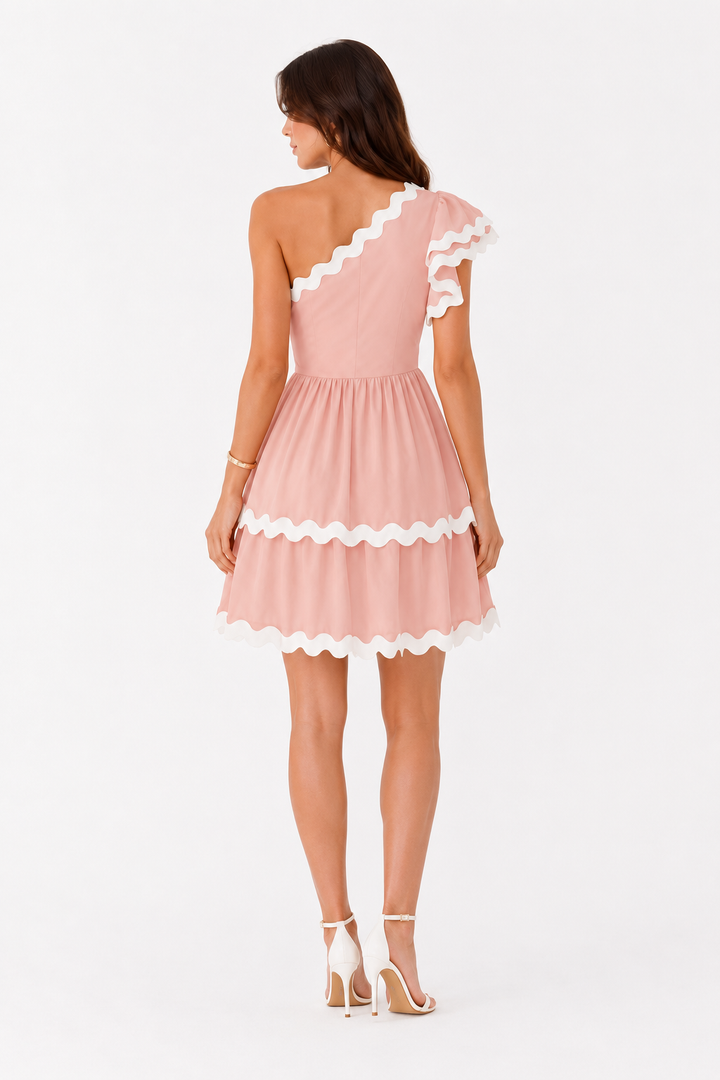 Stylish women's tiered mini dress with a unique one-shoulder design, perfect as a chic summer sundress.