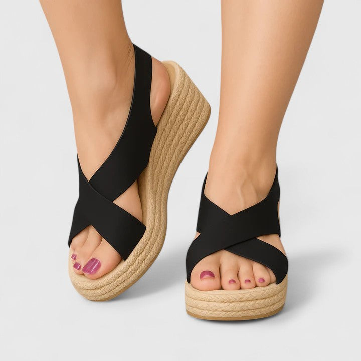 Women's espadrille wedge sandals for comfortable walking. Perfect casual elegant summer footwear.