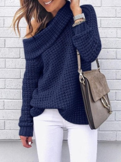 Stylish women's oversized off-shoulder knit sweater, a chic long sleeve top for versatile fall fashion.