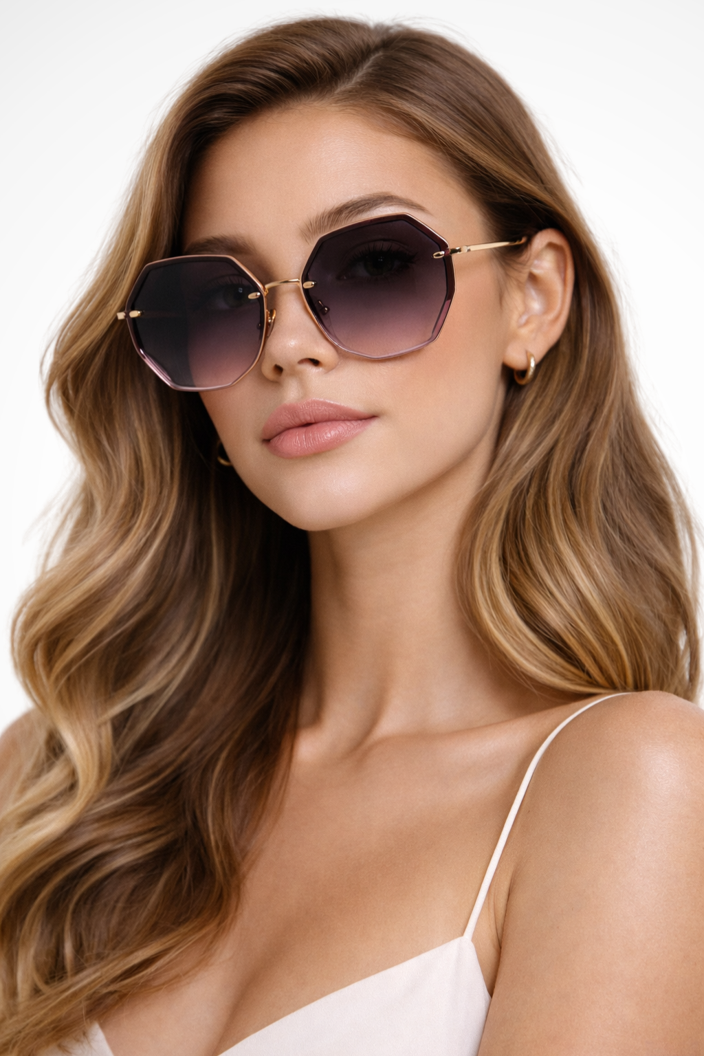 Elegant women's oversized rimless gradient sunglasses, a contemporary accessory for chic sun protection.