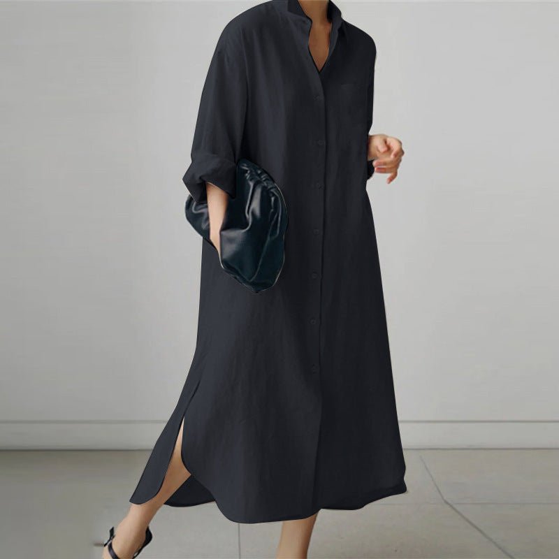 Women's long-sleeve button-down midi shirt dress, designed for ultimate comfort and effortless chic style. Versatile.