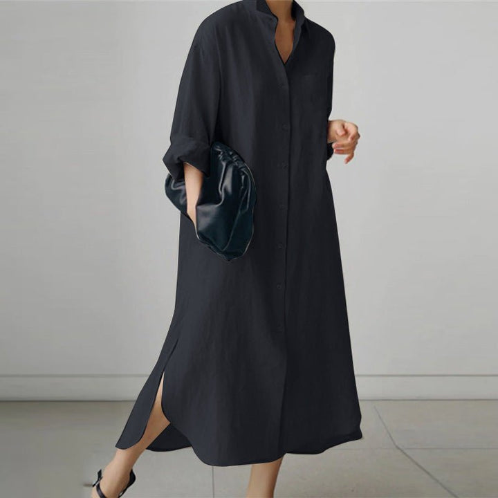 Women's long-sleeve button-down midi shirt dress, designed for ultimate comfort and effortless chic style. Versatile.