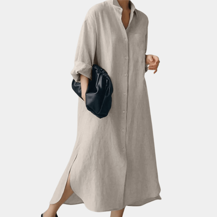 Elegant women's oversized midi shirt dress, featuring a loose fit for comfort and a chic, effortless style. Fashion.