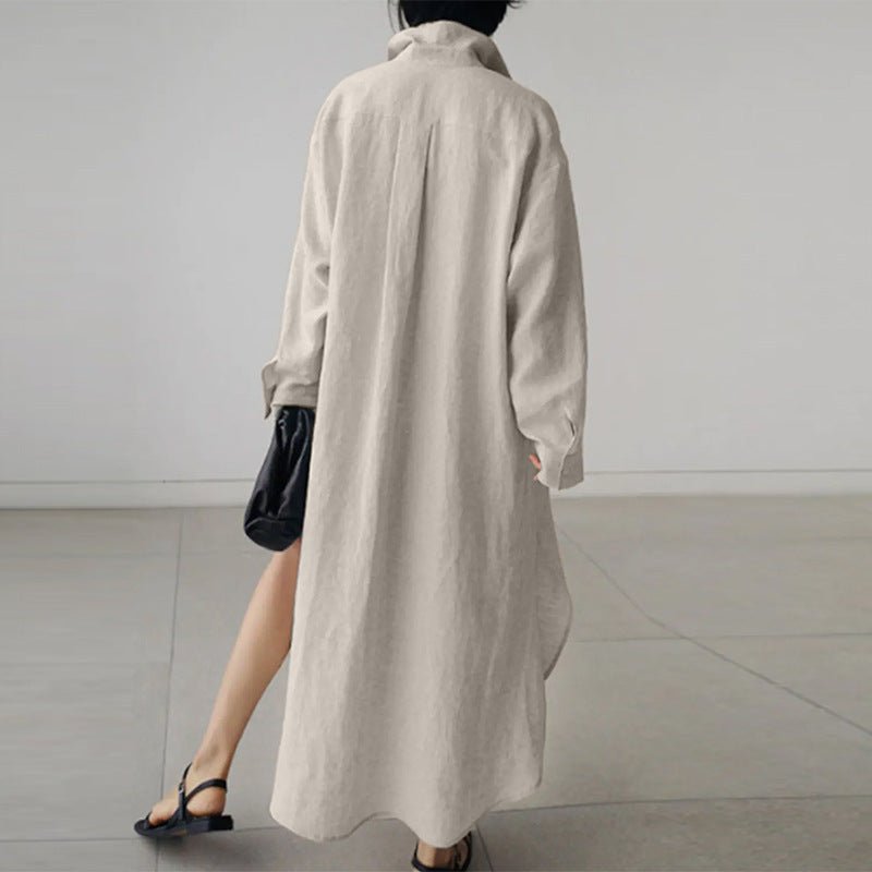 Stylish women's oversized casual shirt dress, a comfortable midi option for everyday wear with an elegant loose fit.
