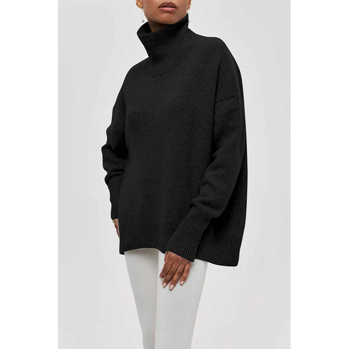 Cozy knit oversized women's turtleneck sweater, a warm apparel essential for casual fall & winter style.