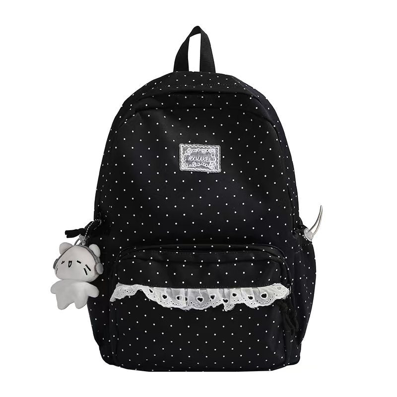 Oxford cloth women's polka dot ruffled backpack, a versatile and chic fashion bag for school or travel.