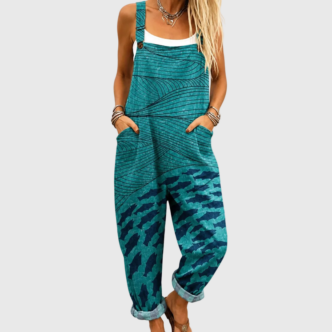 Chic women's relaxed fit marine wave jumpsuit with pockets, ideal for summer vacation beachwear.