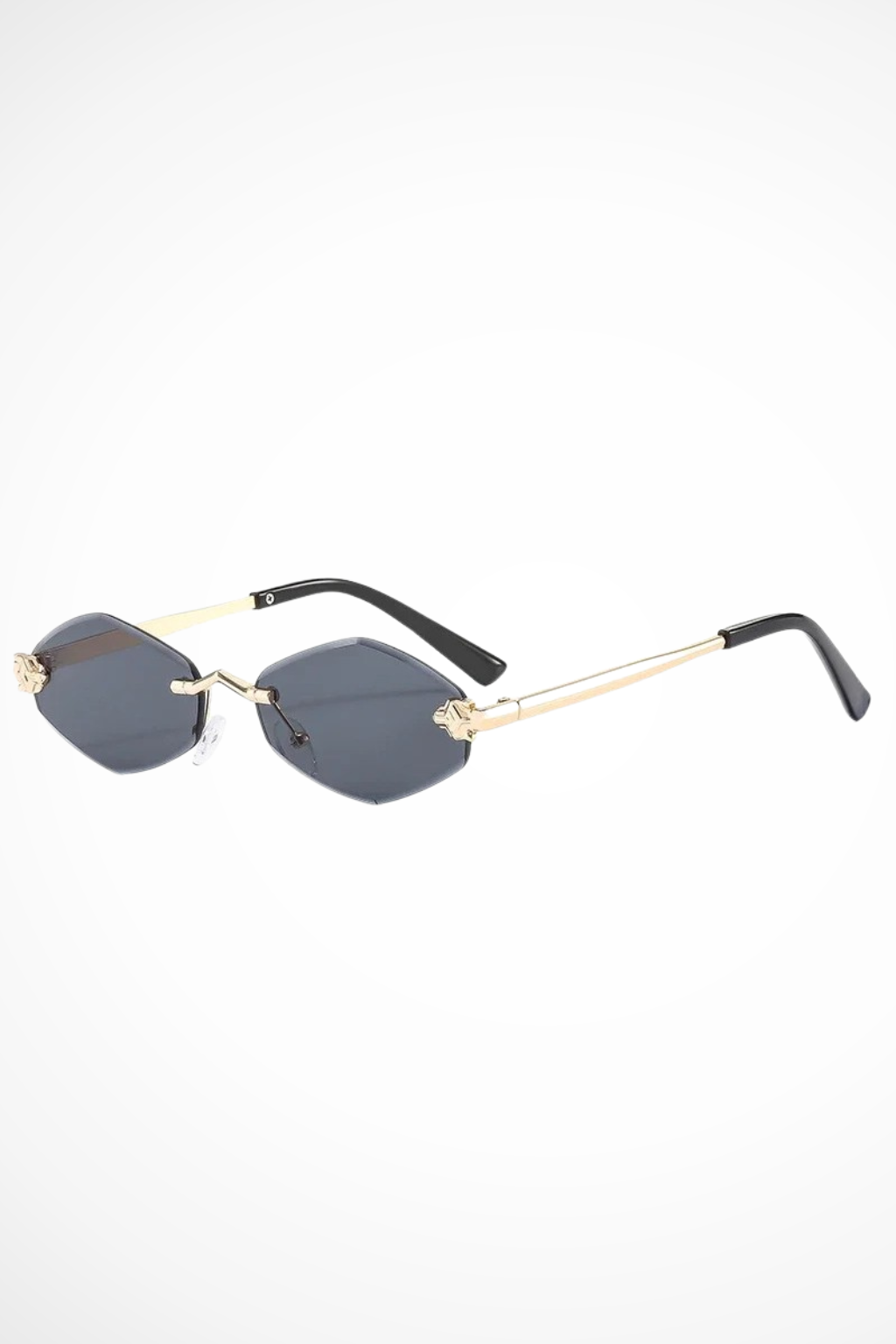 Glamorous rimless cat eye sunglasses for women, featuring unique floral details on the temples for a chic look.