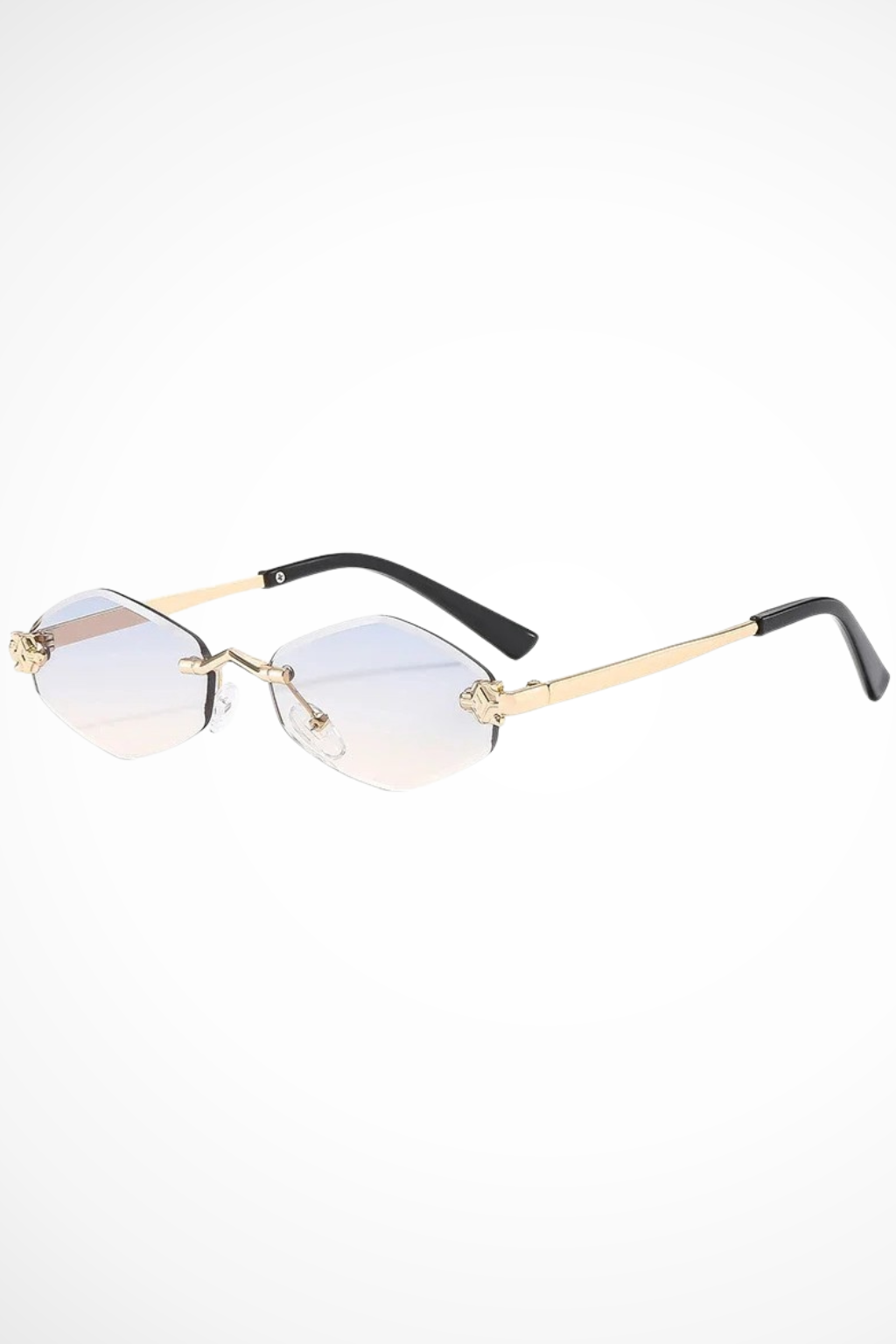 Elegant women's cat eye sunglasses. Rimless design with beautiful floral accents, offering a glamorous summer style.