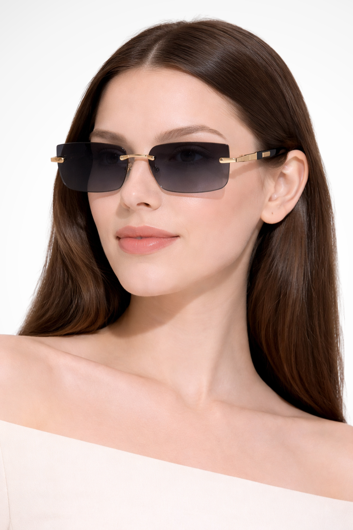 Chic women's rimless rectangle sunglasses, modern design with UV protection eyewear.