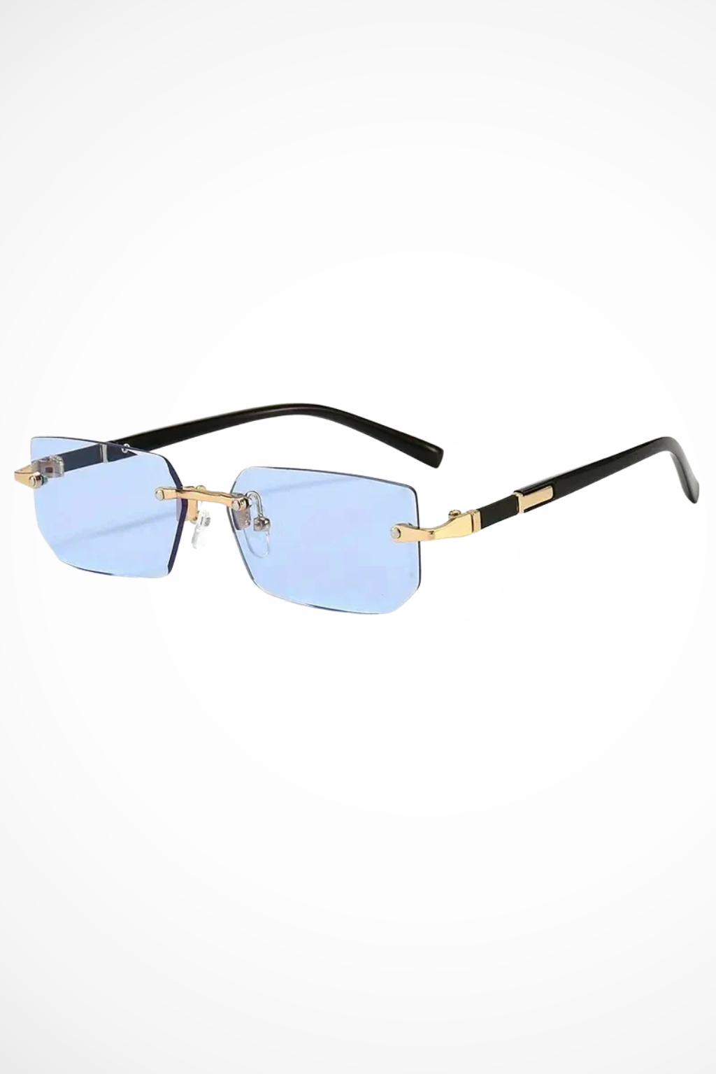 Contemporary women's rimless rectangle sunglasses, modern chic minimalist eyewear with UV protection.