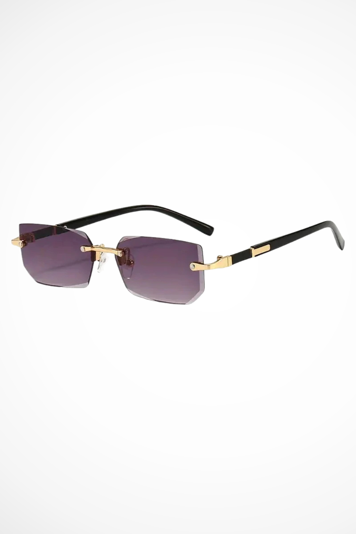 Fashionable women's rimless rectangle sunglasses, chic & modern eyewear for sun protection and style.