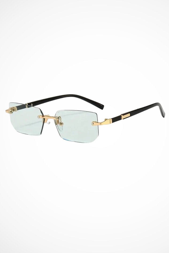 Women's rimless rectangle sunglasses, modern chic eyewear providing essential UV sun protection.
