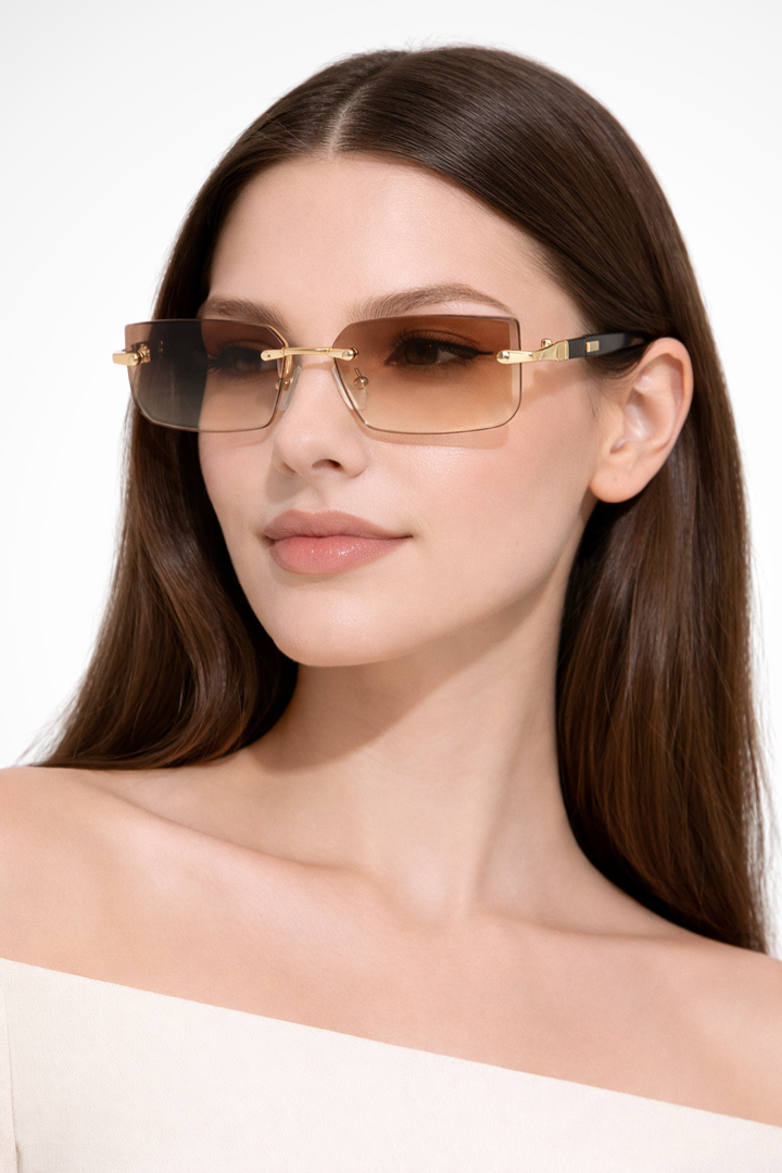 Trendy women's rimless rectangle sunglasses, modern & chic minimalist eyewear for a stylish look.