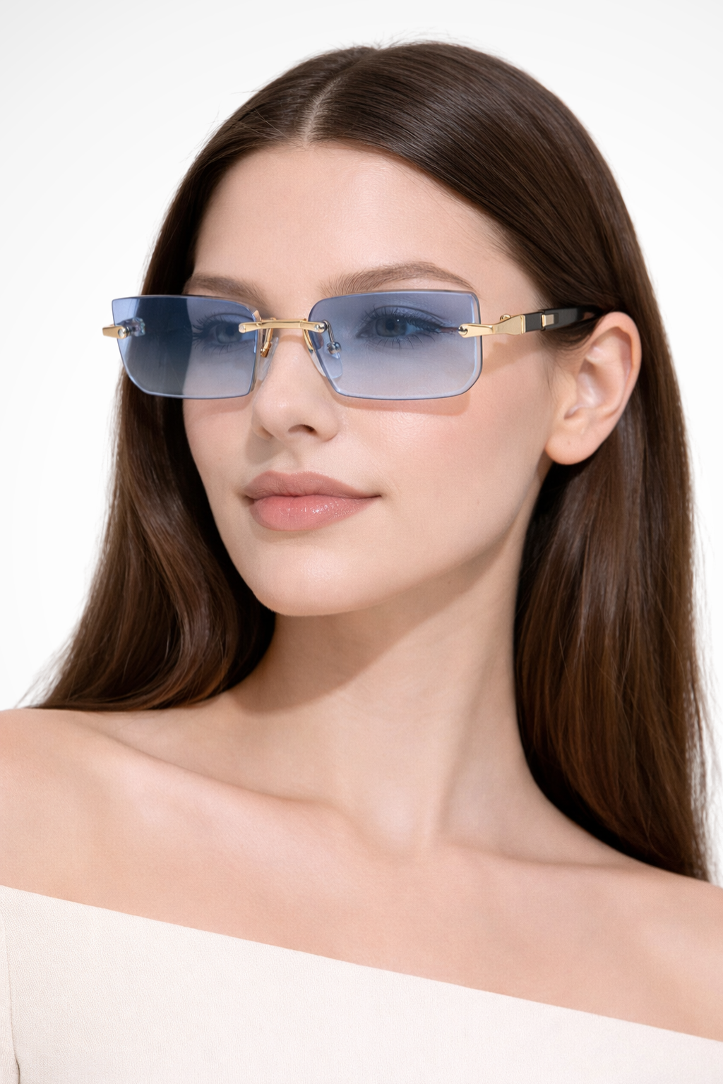 Sleek women's rimless rectangle sunglasses, modern chic eyewear with clean lines & UV protection.