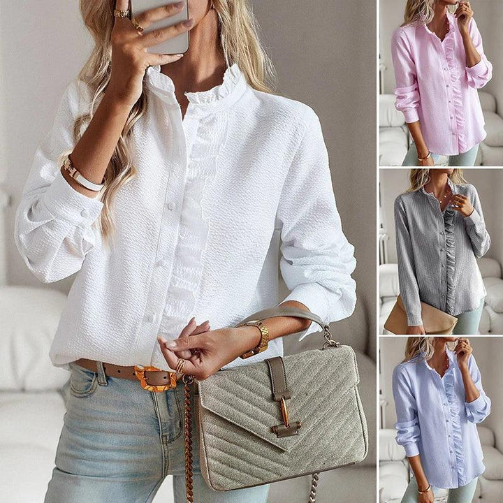 Stylish women's long-sleeve top with chic ruffles. An elegant and versatile fashion blouse, perfect for modern style.