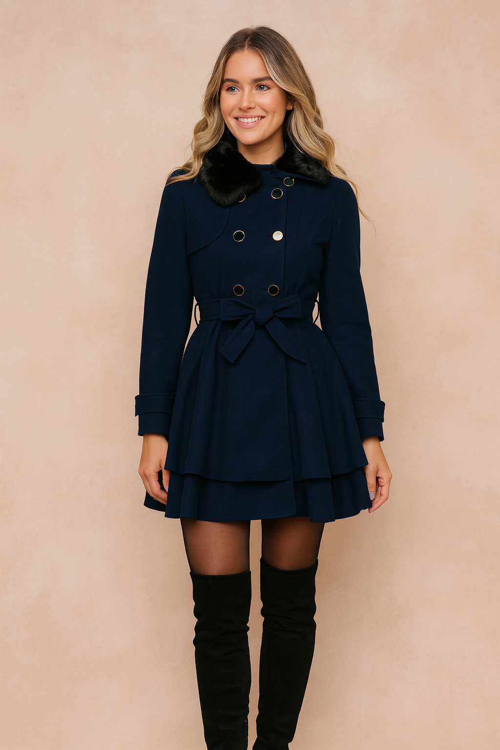 Chic women's short double-breasted belted coat in classic black