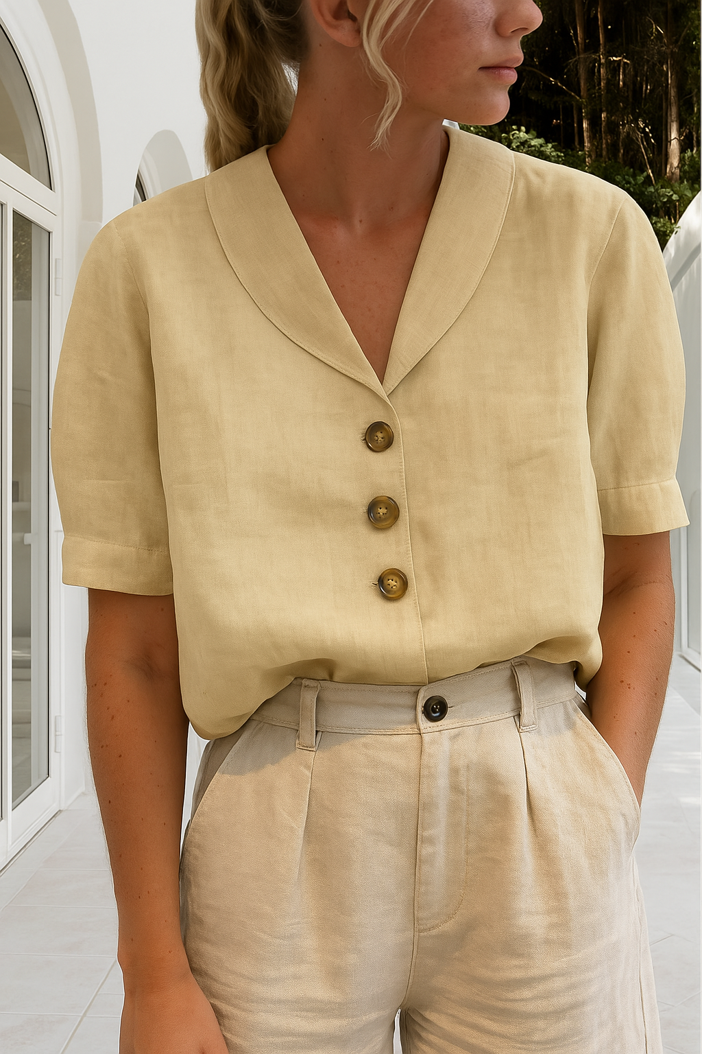 Elegant women's shawl collar blouse, short sleeve button-front top for office wear or smart casual occasions.
