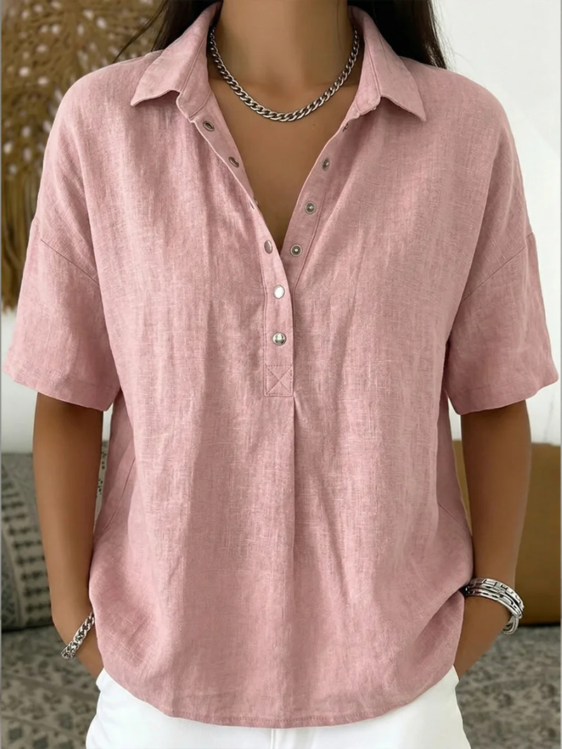 Versatile women's short sleeve V-neck blouse, turn-down collar & button front, ideal for summer fashion.