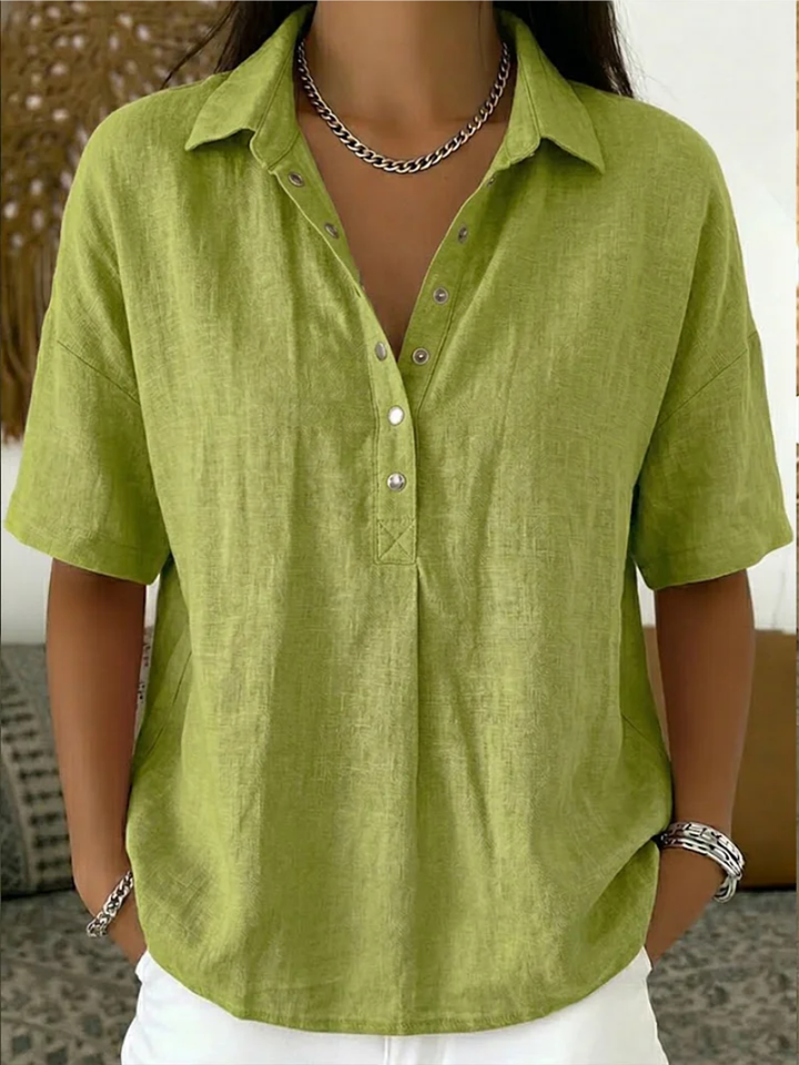 Stylish women's short sleeve blouse with turn-down collar, V-neck, button-front, perfect for everyday chic.