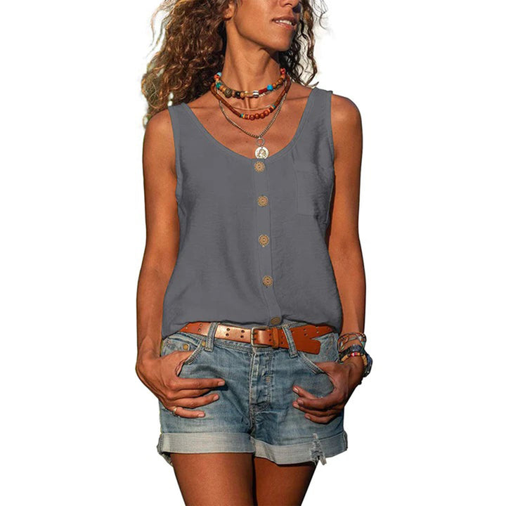 Chic women's sleeveless button-up top, a versatile vest for comfortable summer casual wear.