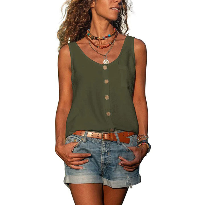 Polished women's sleeveless button-up vest top, offering versatile everyday style for summer.