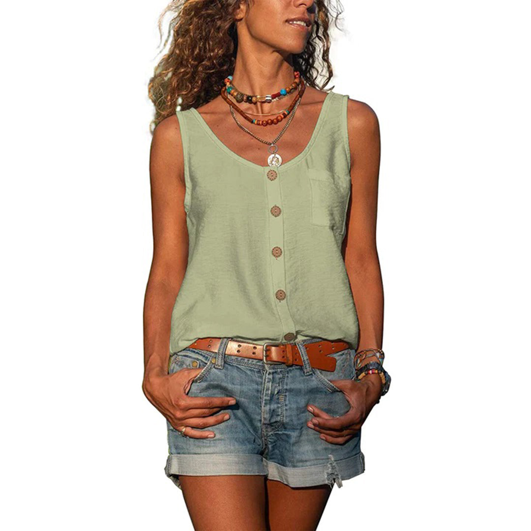 Versatile women's sleeveless top with button-up detail, ideal for a casual chic summer look.