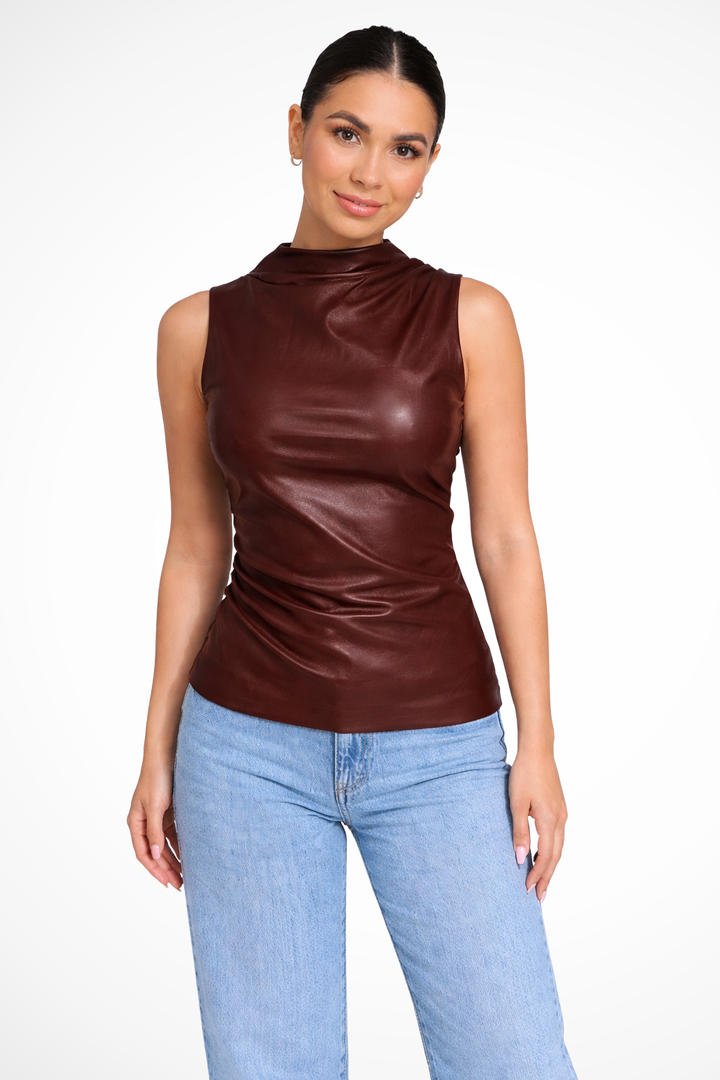 Versatile women's brown sleeveless high neck top. Modern chic design, ideal for summer casual or elegant outfits.