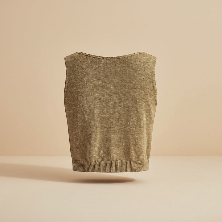 Chic women's crop top. Sleeveless, textured fabric, & a clean high neck. Great for summer casual wear.