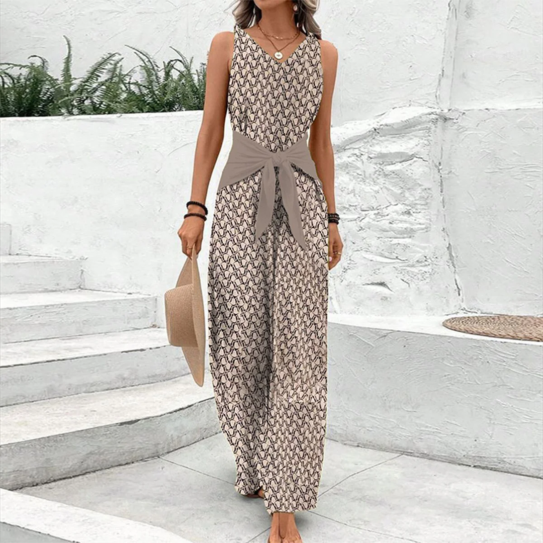Comfortable women's sleeveless v-neck jumpsuit with adjustable waist, a stylish one-piece for summer elegance.