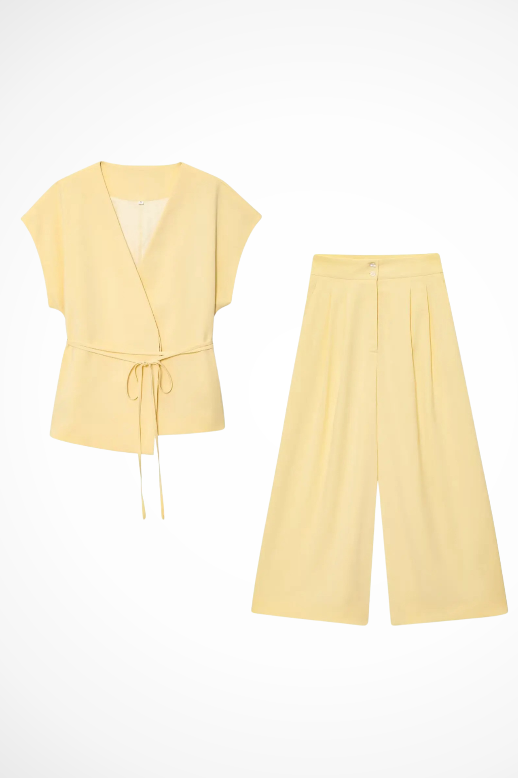 Women's business casual ensemble: a chic sleeveless wrap top and elegant wide leg trousers.