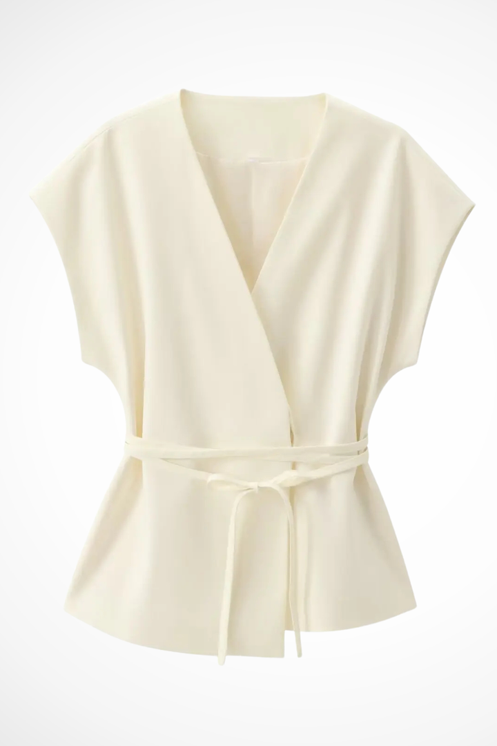 Women's sleeveless wrap top and wide leg trousers two-piece set, offering versatile summer style.