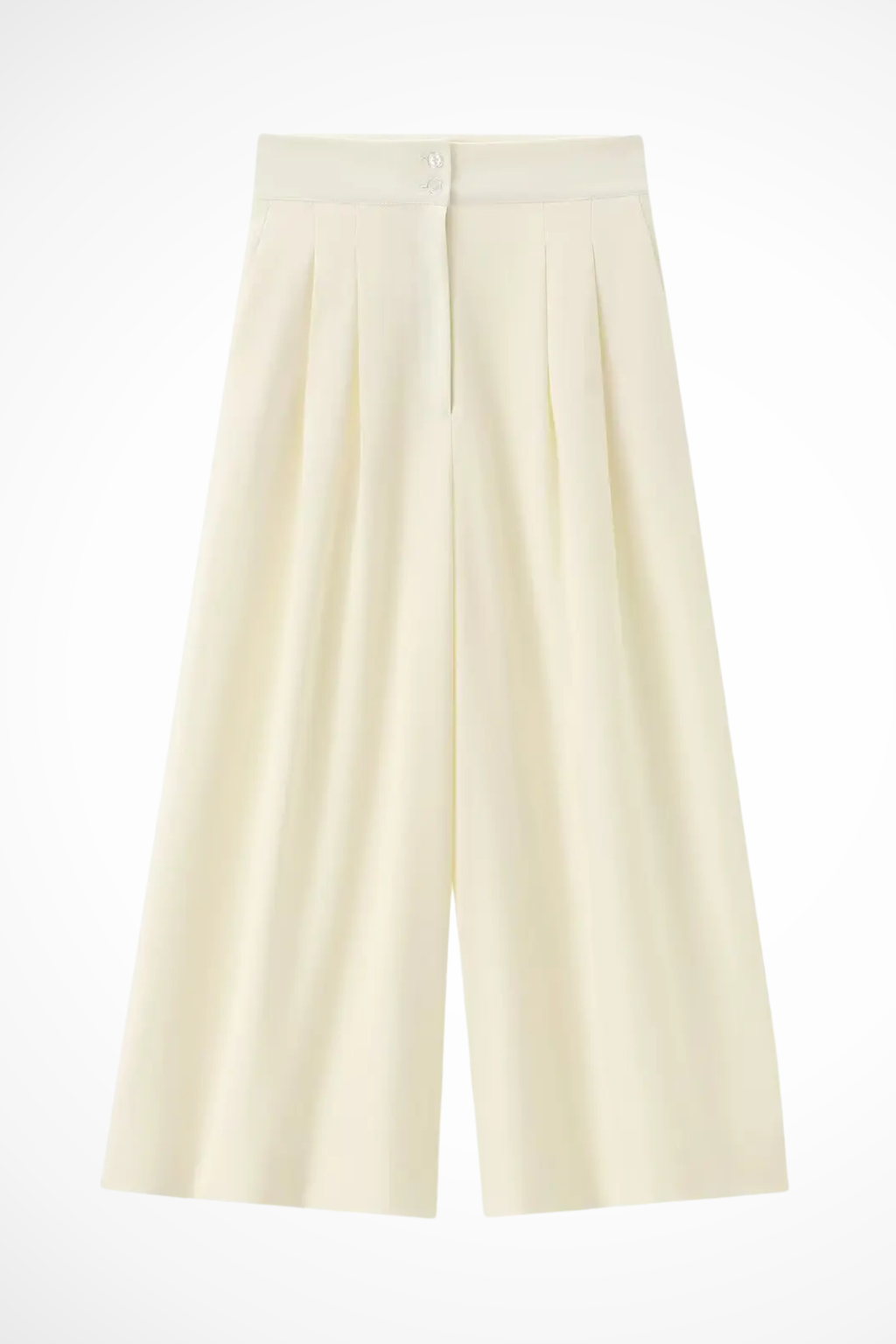 Chic women's high-waist wide leg trousers paired with a sophisticated sleeveless wrap top ensemble.
