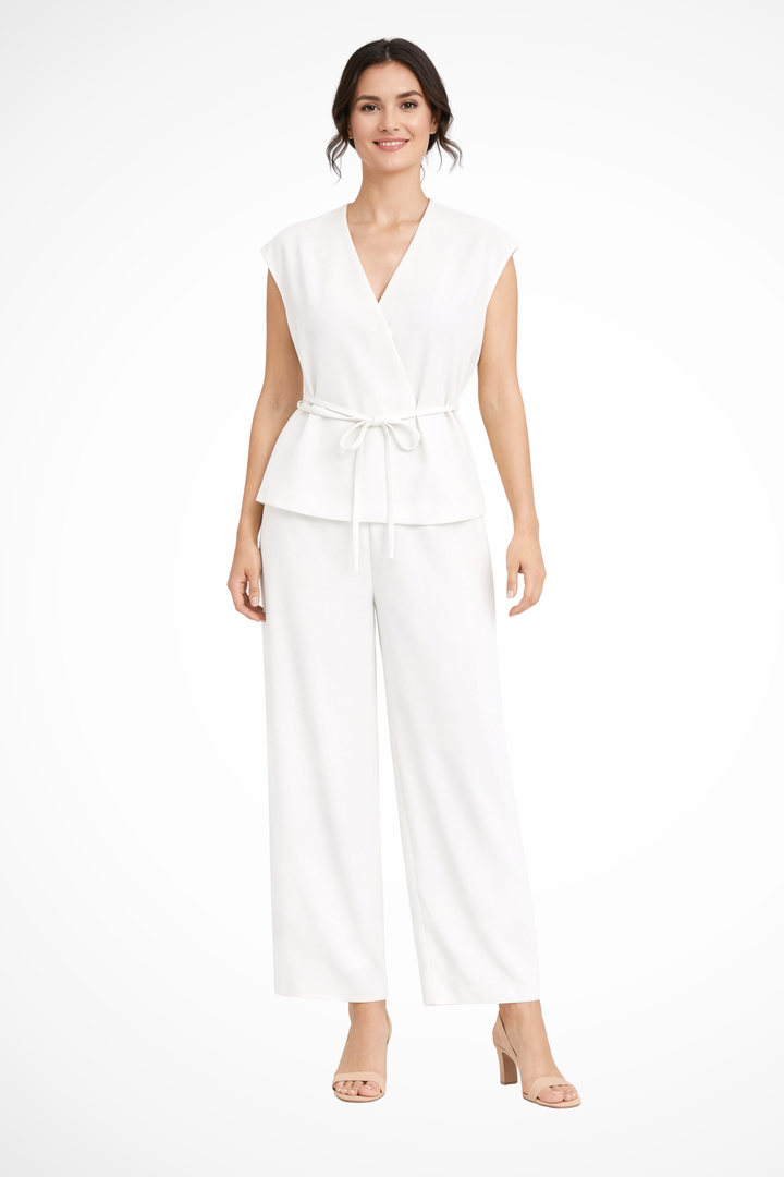 Women's coordinated set featuring a sleeveless wrap top & comfortable wide leg trousers for daily chic.