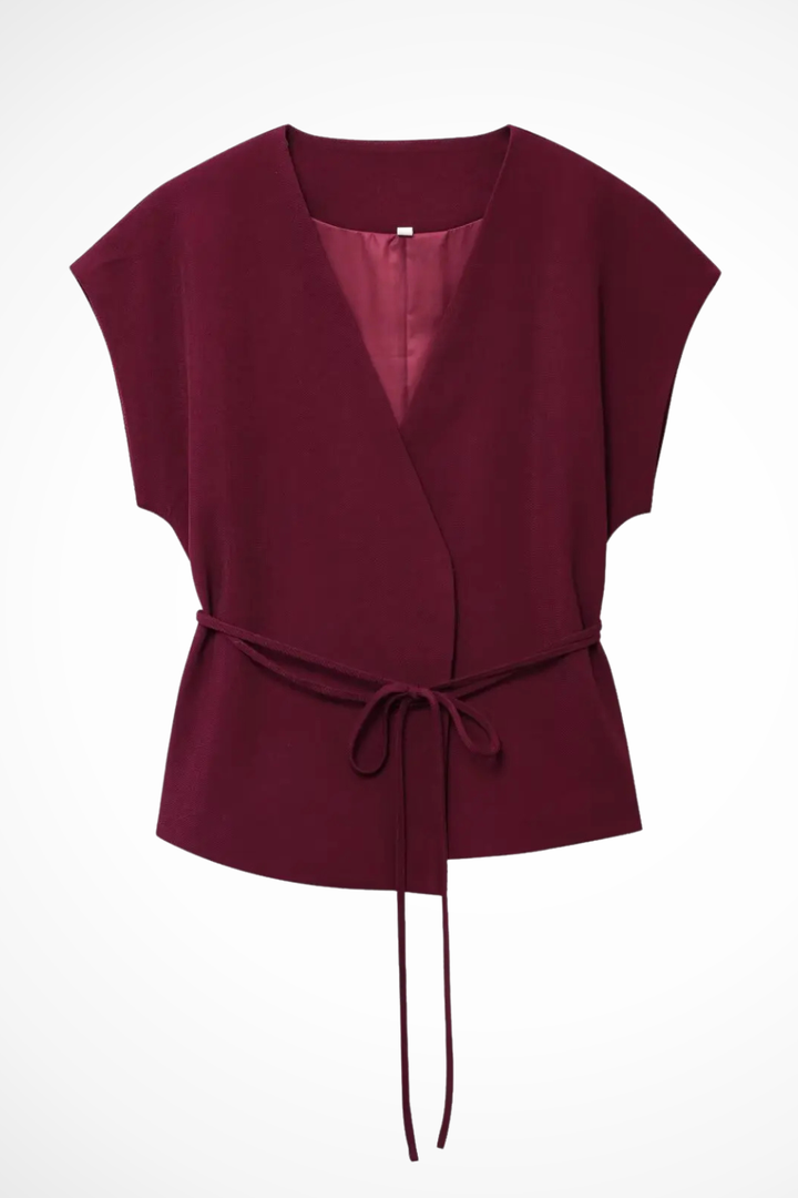 Women's elegant two-piece set: sleeveless wrap top & flowy wide leg trousers, perfect for summer.