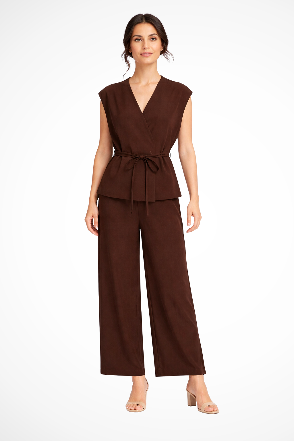 Chic women's two-piece set: a sleeveless wrap top with elegant wide leg trousers for a modern style.