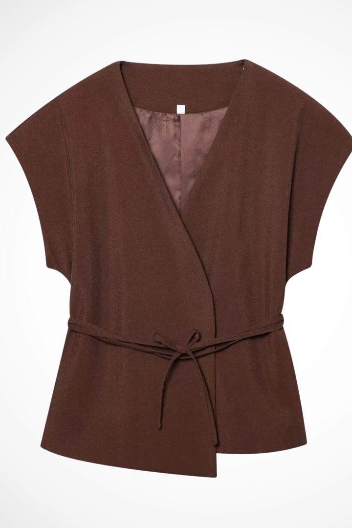 Women's sleeveless wrap top and high-waisted wide leg trousers, a perfect summer coordinated set.
