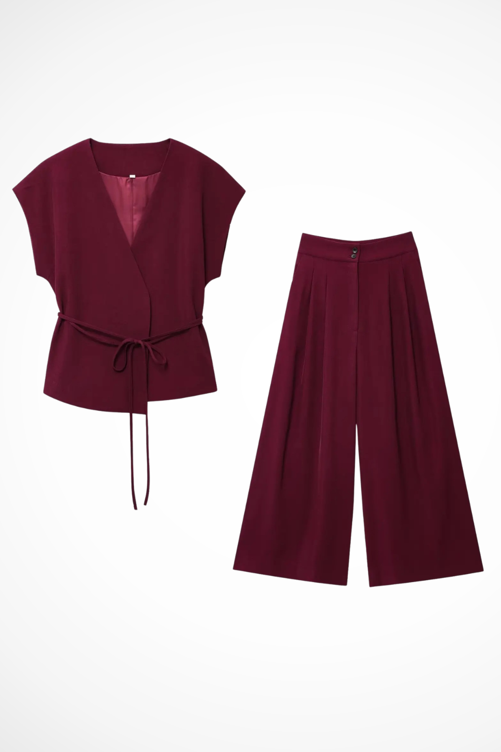 Versatile women's suit set featuring a chic sleeveless wrap top and comfortable wide leg trousers.